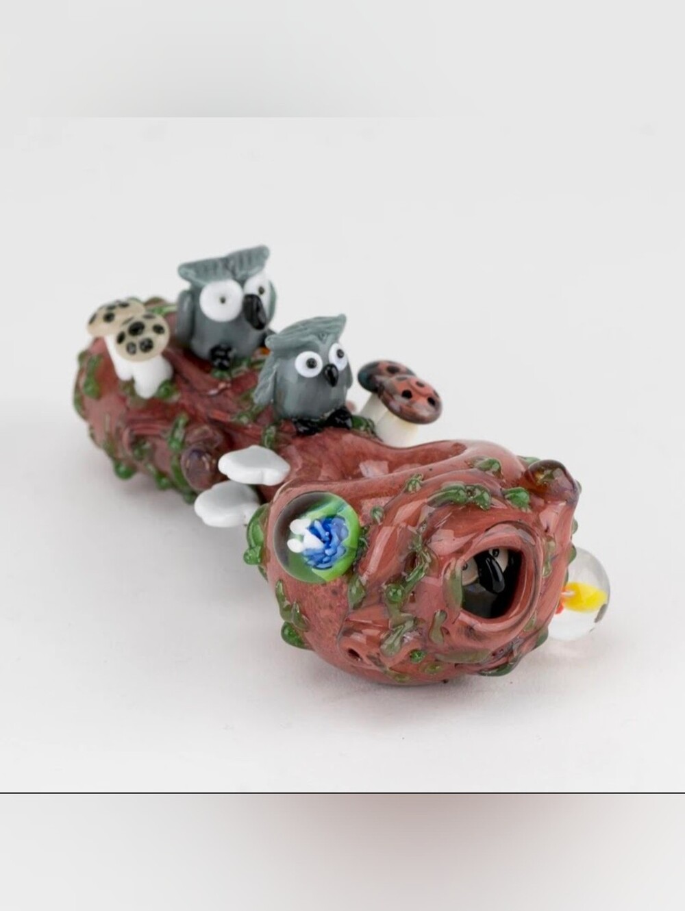 Handmade Glass Owl & Mushroom   Red with Gray Owls